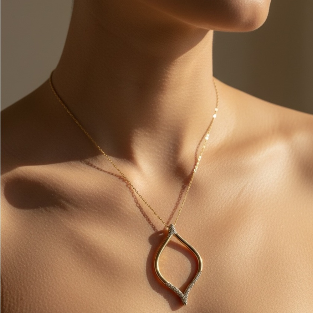 Delicate Gold Teardrop Pendant Necklace with Pavé Accent, New In Gift Box